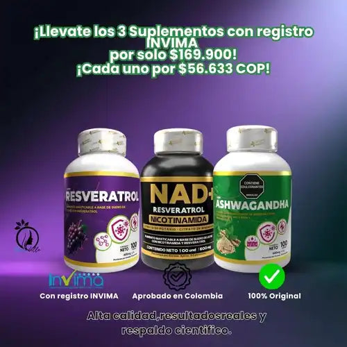Combo Resveratrol+NAD     +Ashwagandha con INVIMA