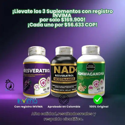 Combo Resveratrol+NAD     +Ashwagandha con INVIMA