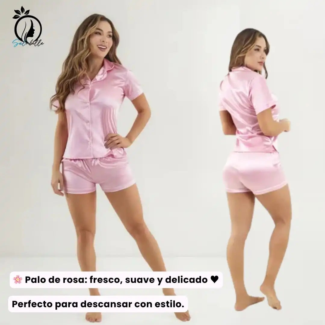 Pijamas de Lujo en Satin en Short y Camisa con Botones